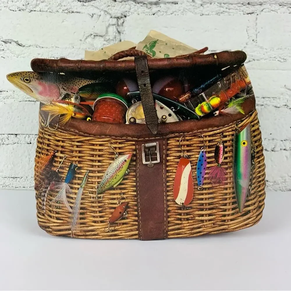 Vintage 90s Paper Gift Bag Fishing Tackle Box Theme Fathers Day Dad Present